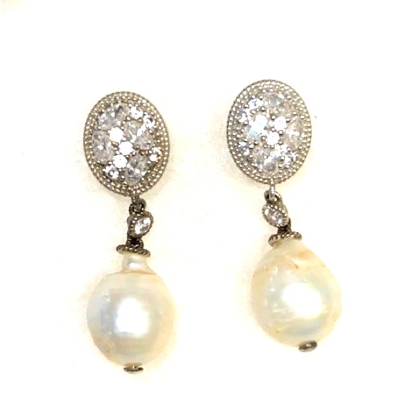 Judith Ripka Jewelry - Judith Ripka Sterling Silver Real Pearl Drop Earrings 925 CZ